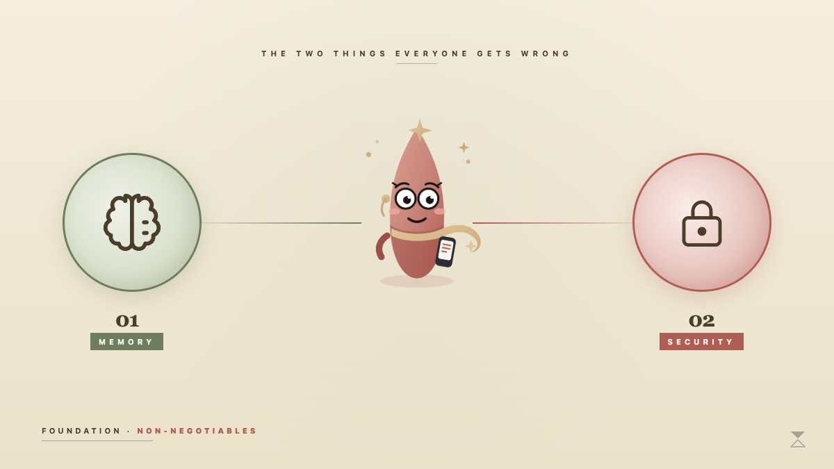 Ellestra between two orbs — sage orb (memory, with a brain icon) and rose orb (security, with a lock icon). Top eyebrow: The Two Things Everyone Gets Wrong.